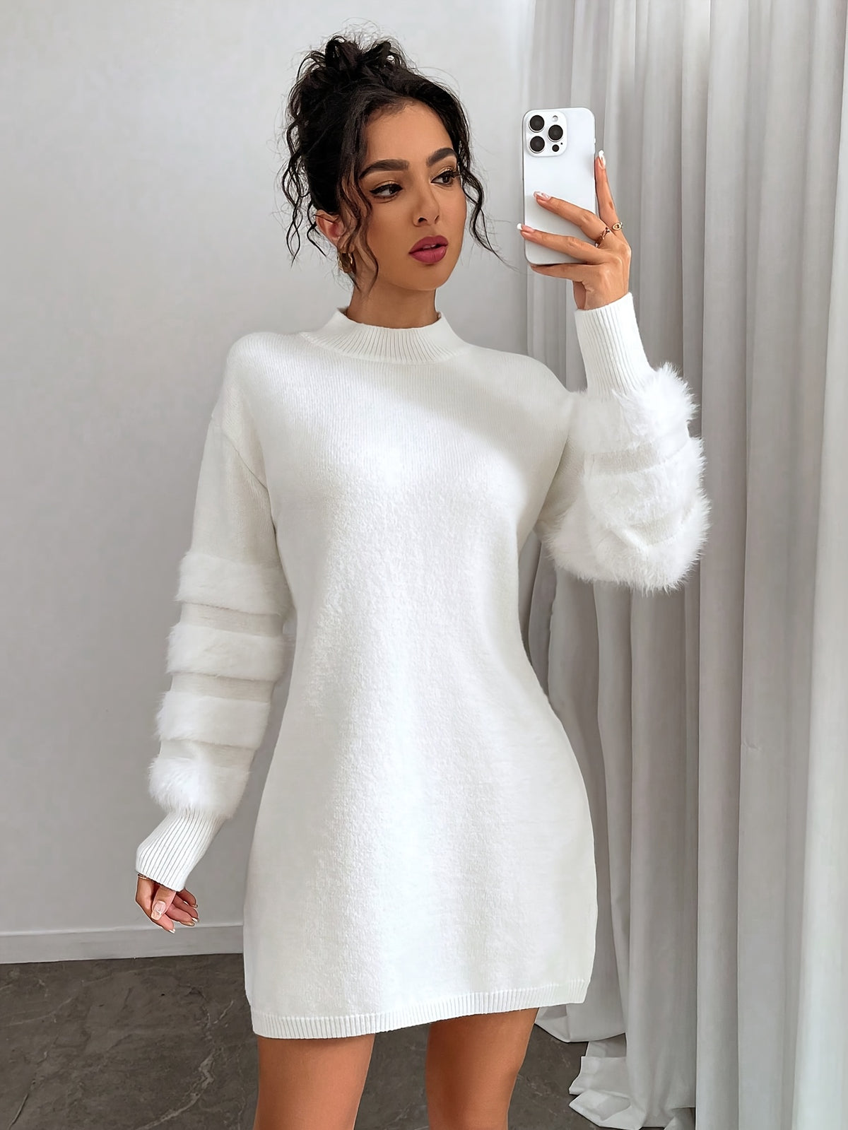 Fuzzy Sleeve Mock Neck Sweater Dress