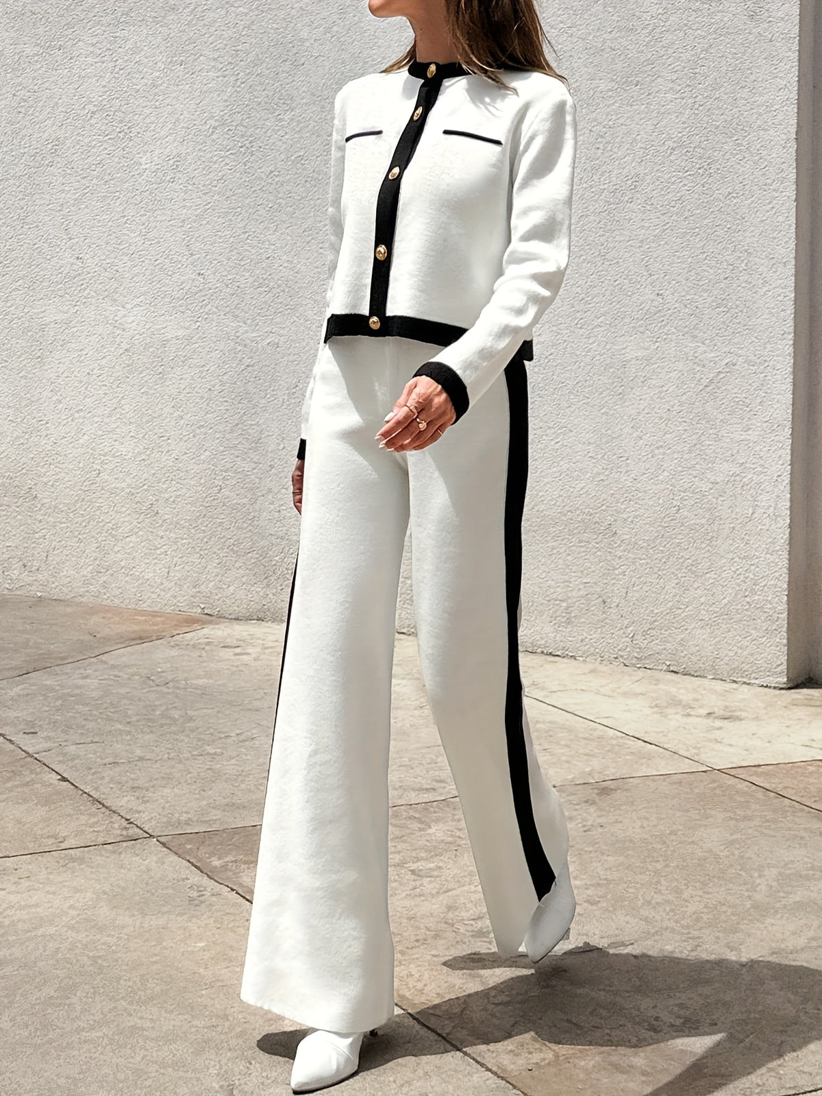Contrast Trim Cardigan & Wide Pants Set