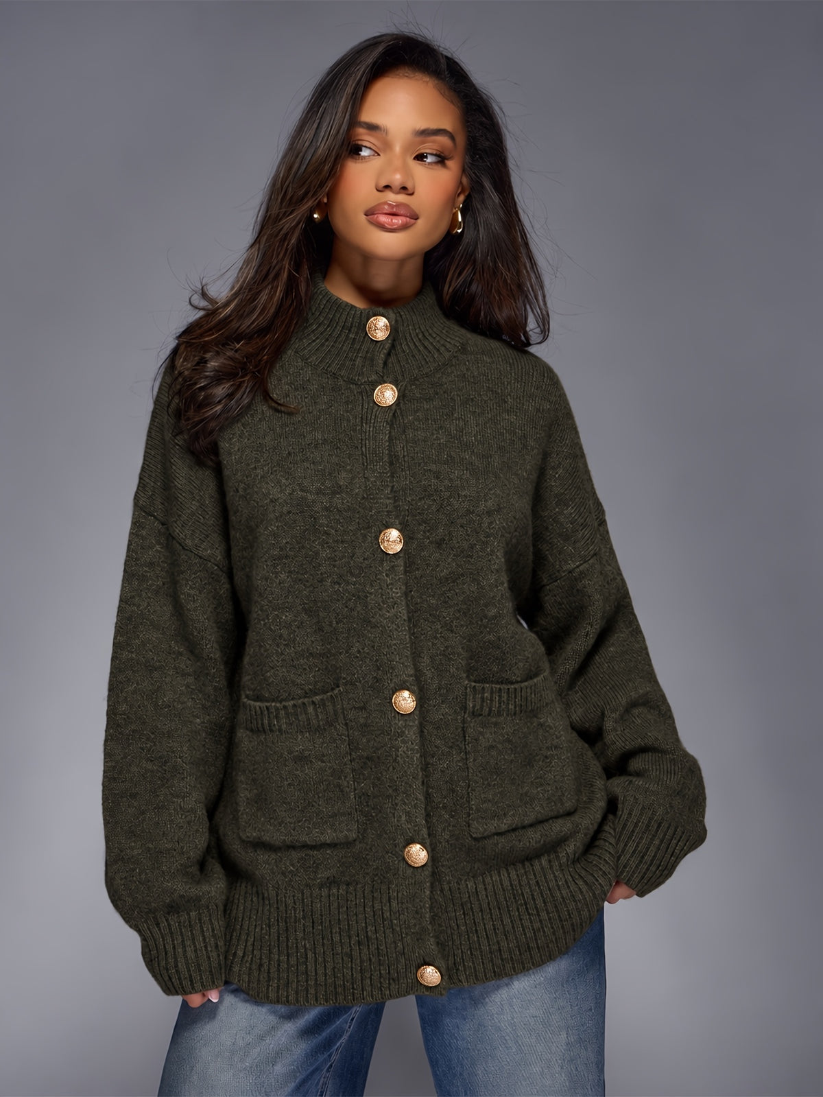 Mock Neck Gold Button Cardigan