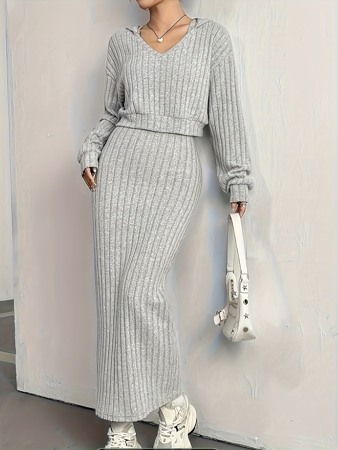 Ribbed Hooded Skirt Knit Outfit Set
