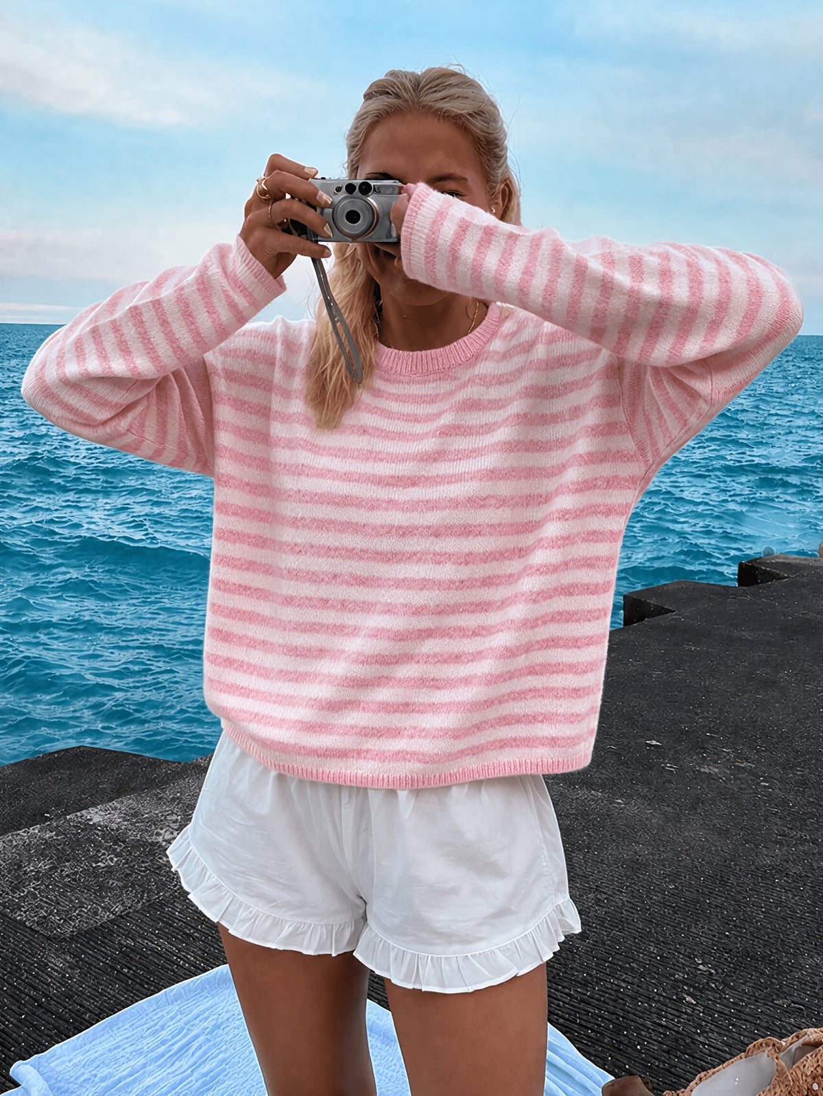 Pink Striped Crew Neck Sweater
