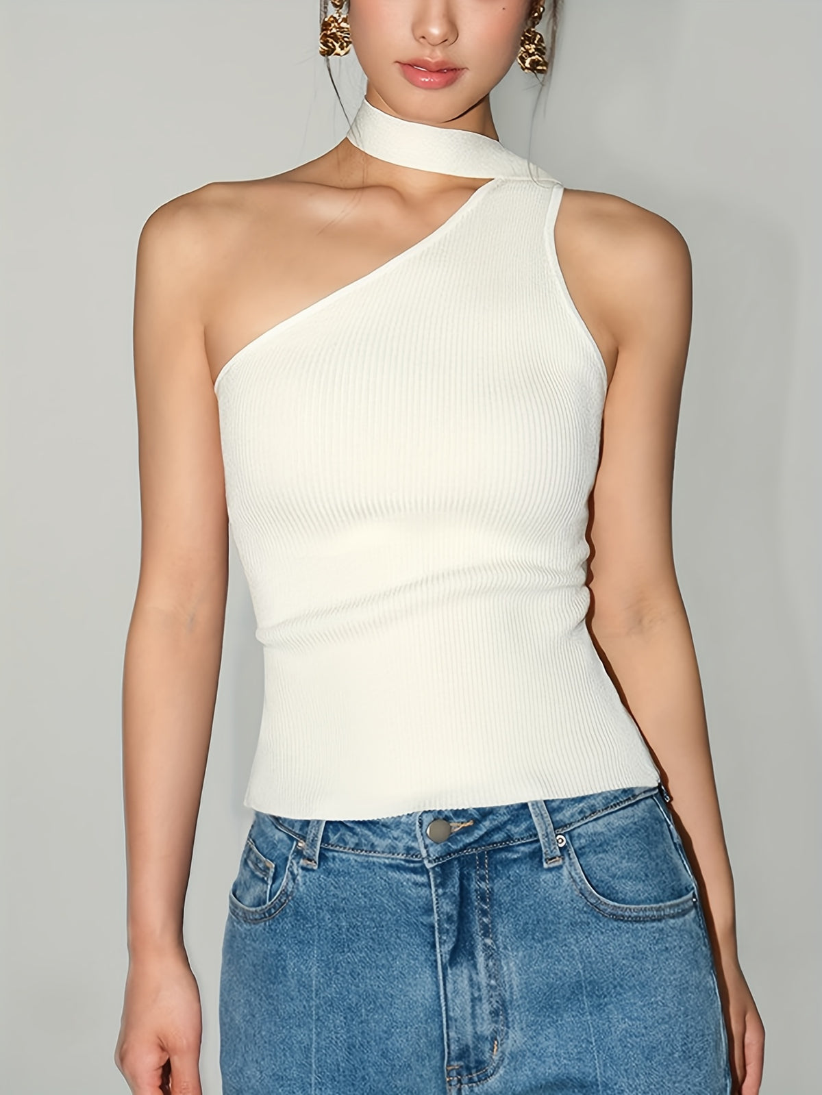 One Shoulder Scarf Neck Knit Top