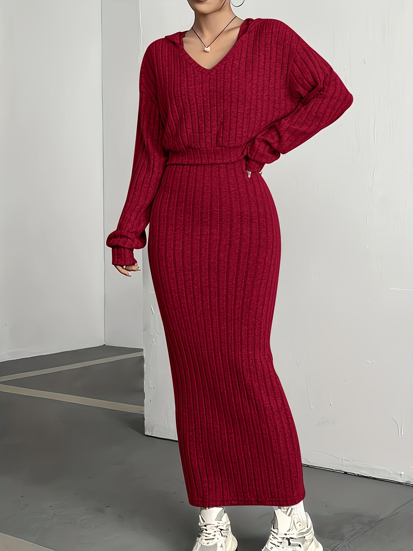 Ribbed Hooded Skirt Knit Outfit Set