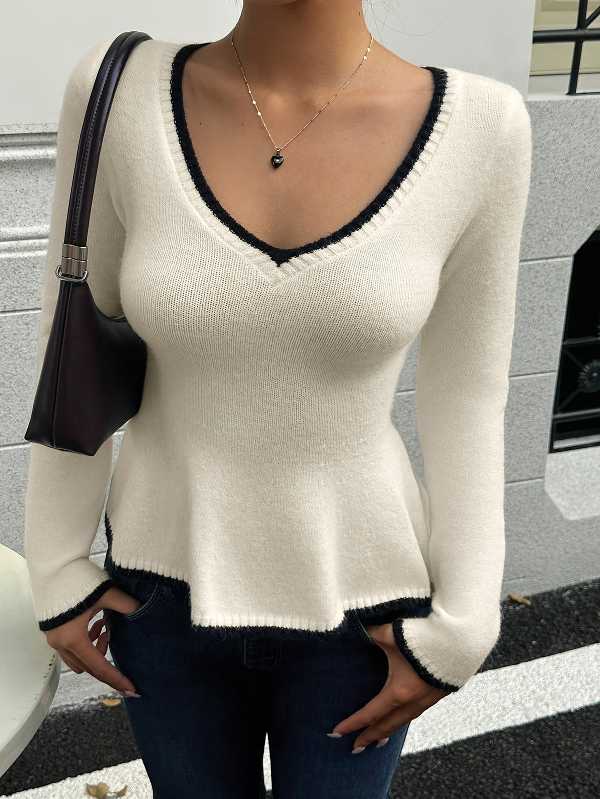 Contrast Trim Peplum Sweater