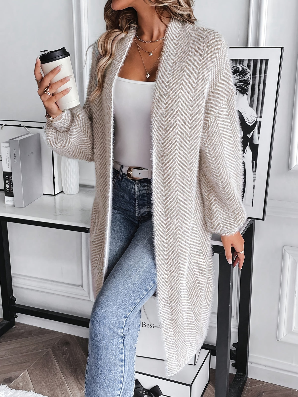 Fuzzy Herringbone Longline Cardigan