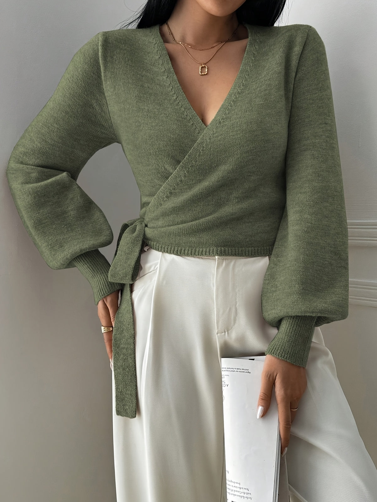 Faux Wrap Balloon Sleeve Sweater