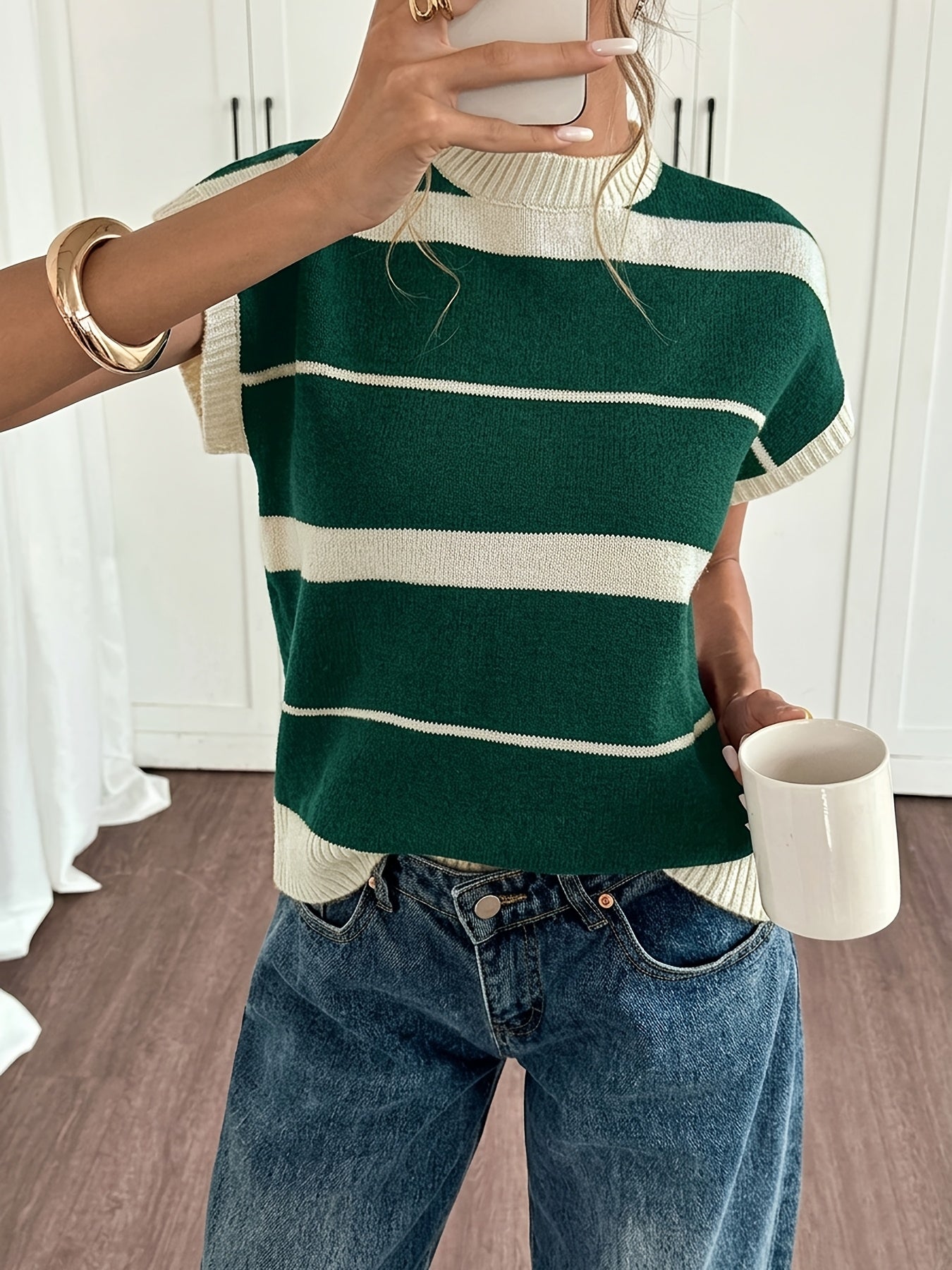 Striped Crew Neck Sleeveless Knit Vest
