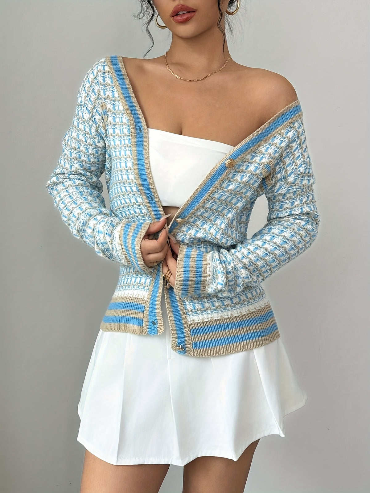 Contrast Trim Textured Knit Cardigan
