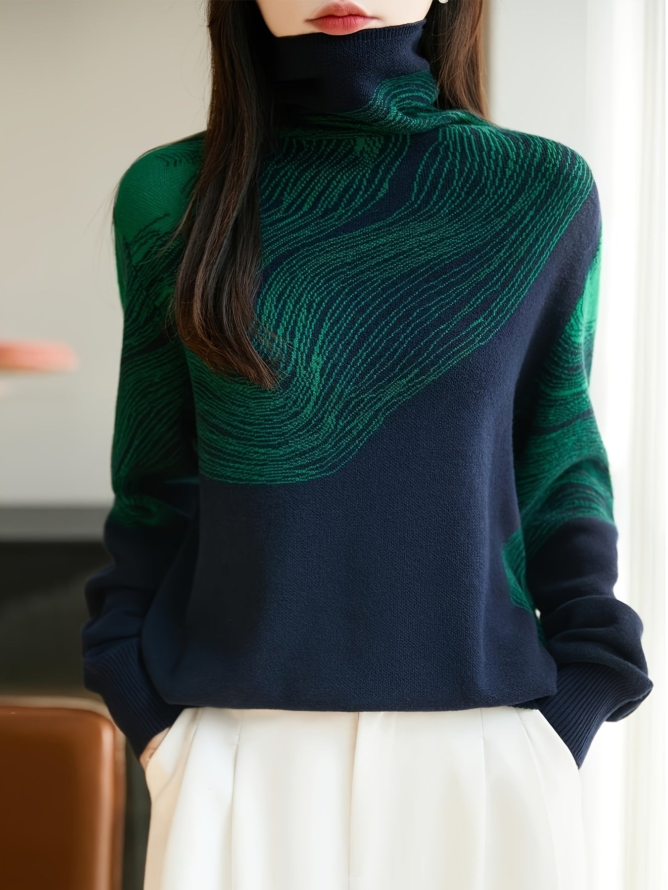 1pc Beautiful Women's Sweater, Autumn/winter High-neck Thick-style Color-blocked Jacquard Long-sleeve Garment, New Casual Elegant Women's Clothing, Elegant Party Women's Wear, New Stylish Top