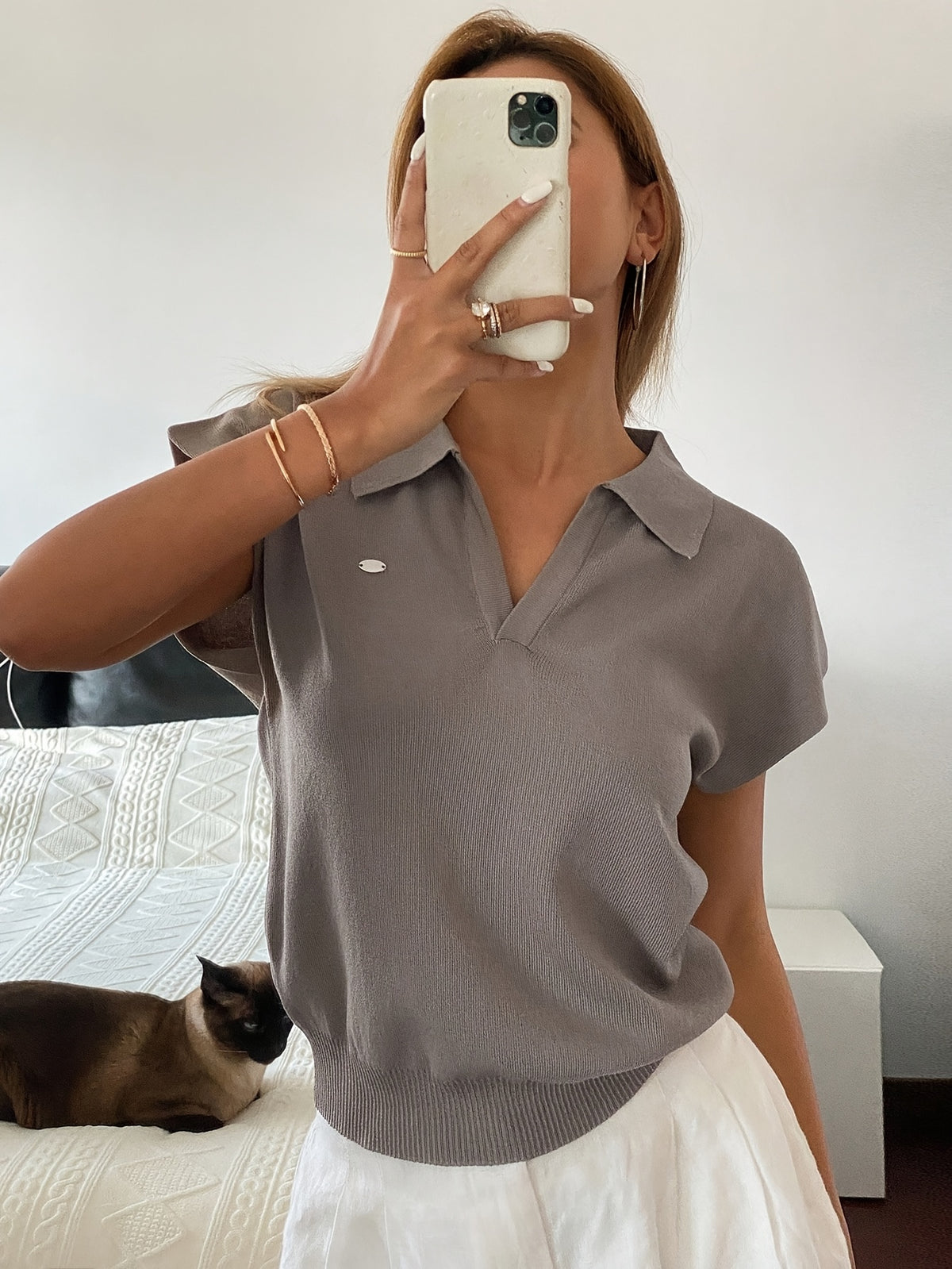 Polo Collar Short Sleeve Knit Top - JOYSONS