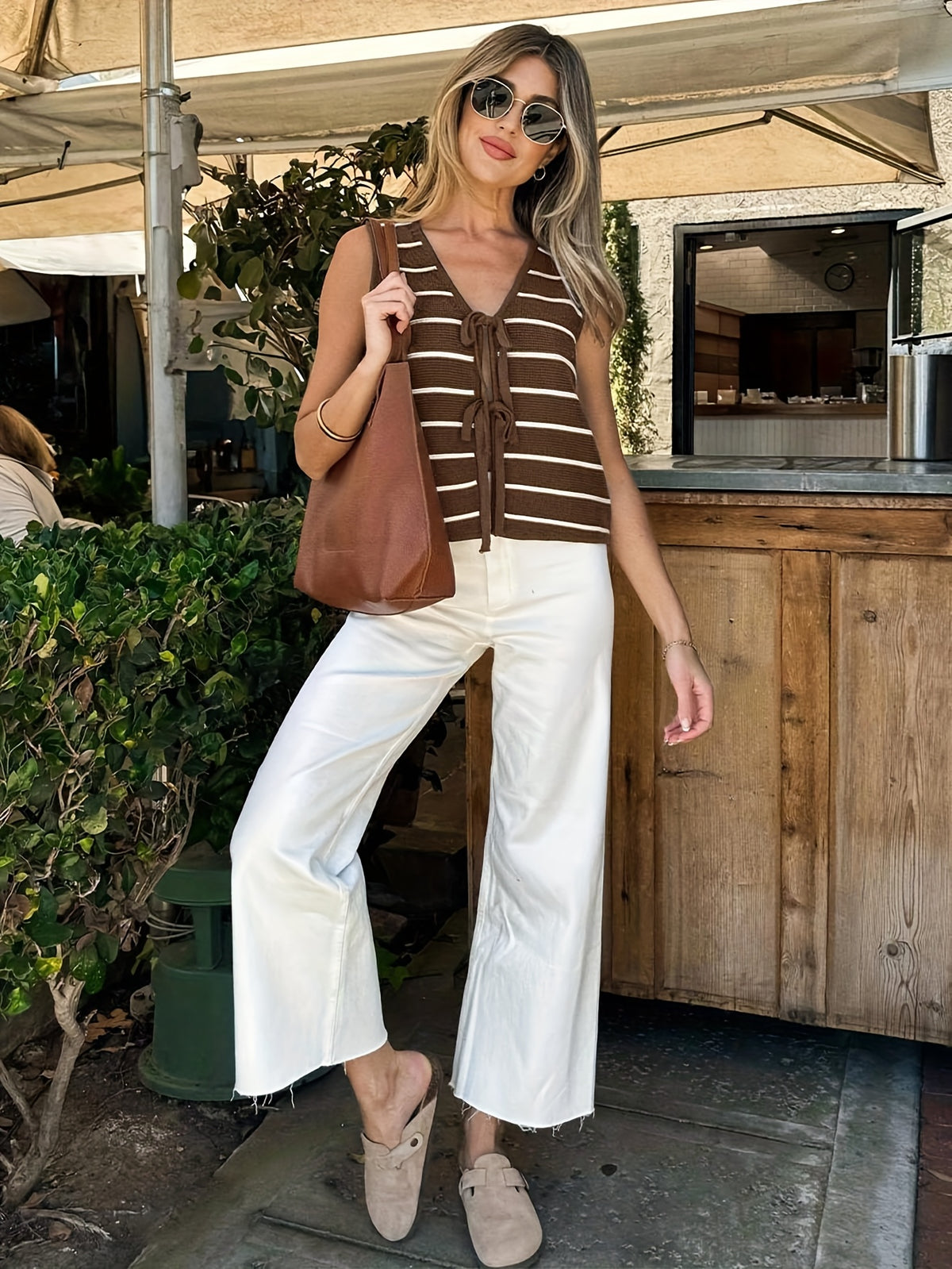 Striped Tie Front Sweater Vest - JOYSONS