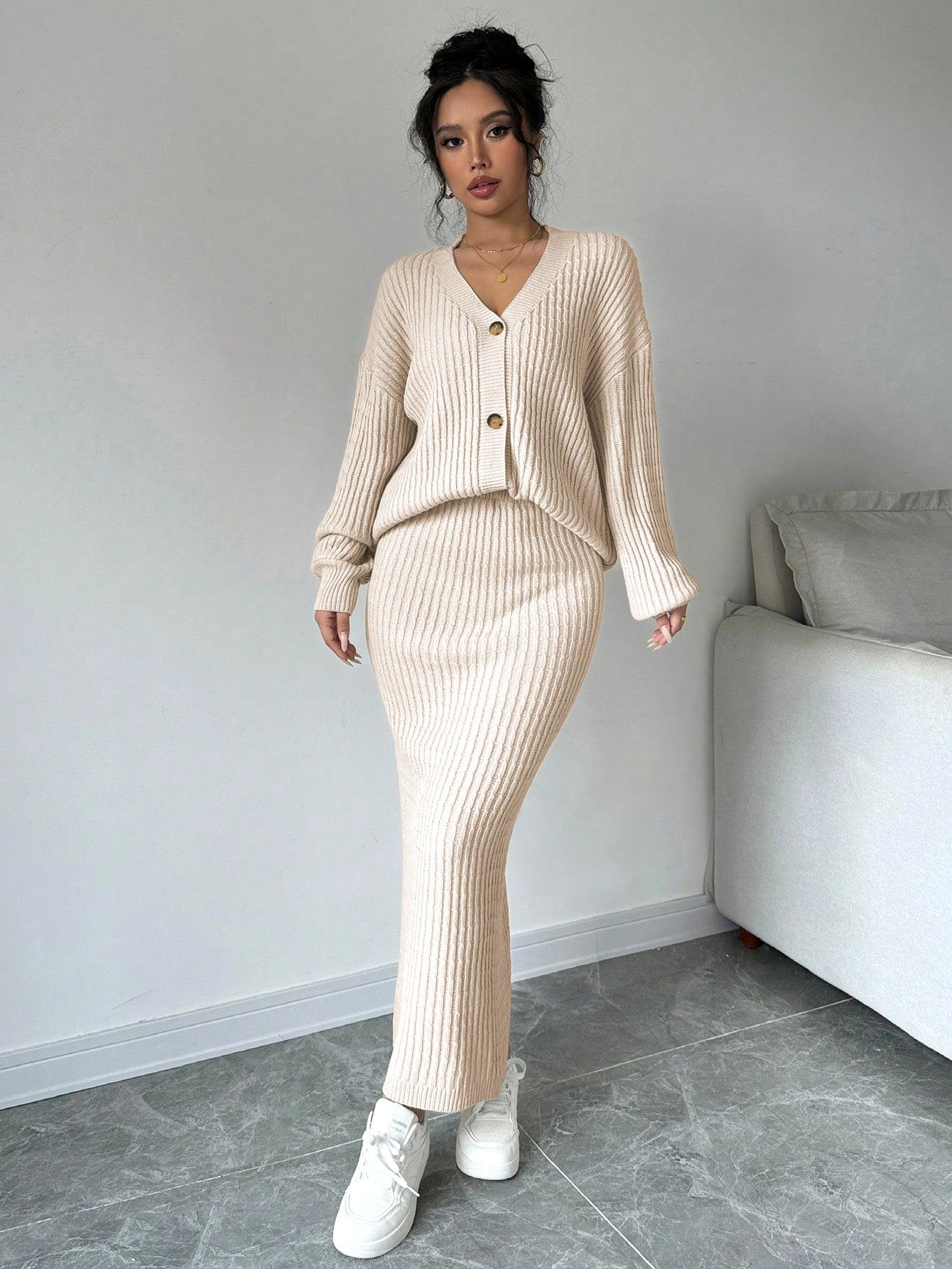JOYSONS V-neck cardigan and high-waist knit skirt set