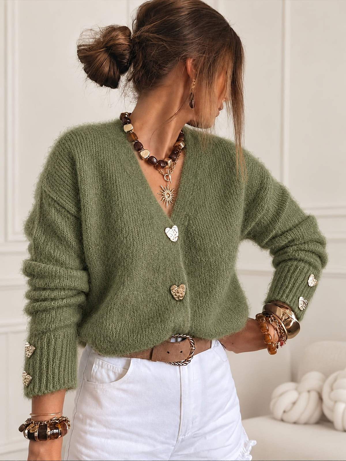 Heart Button Fuzzy Cardigan