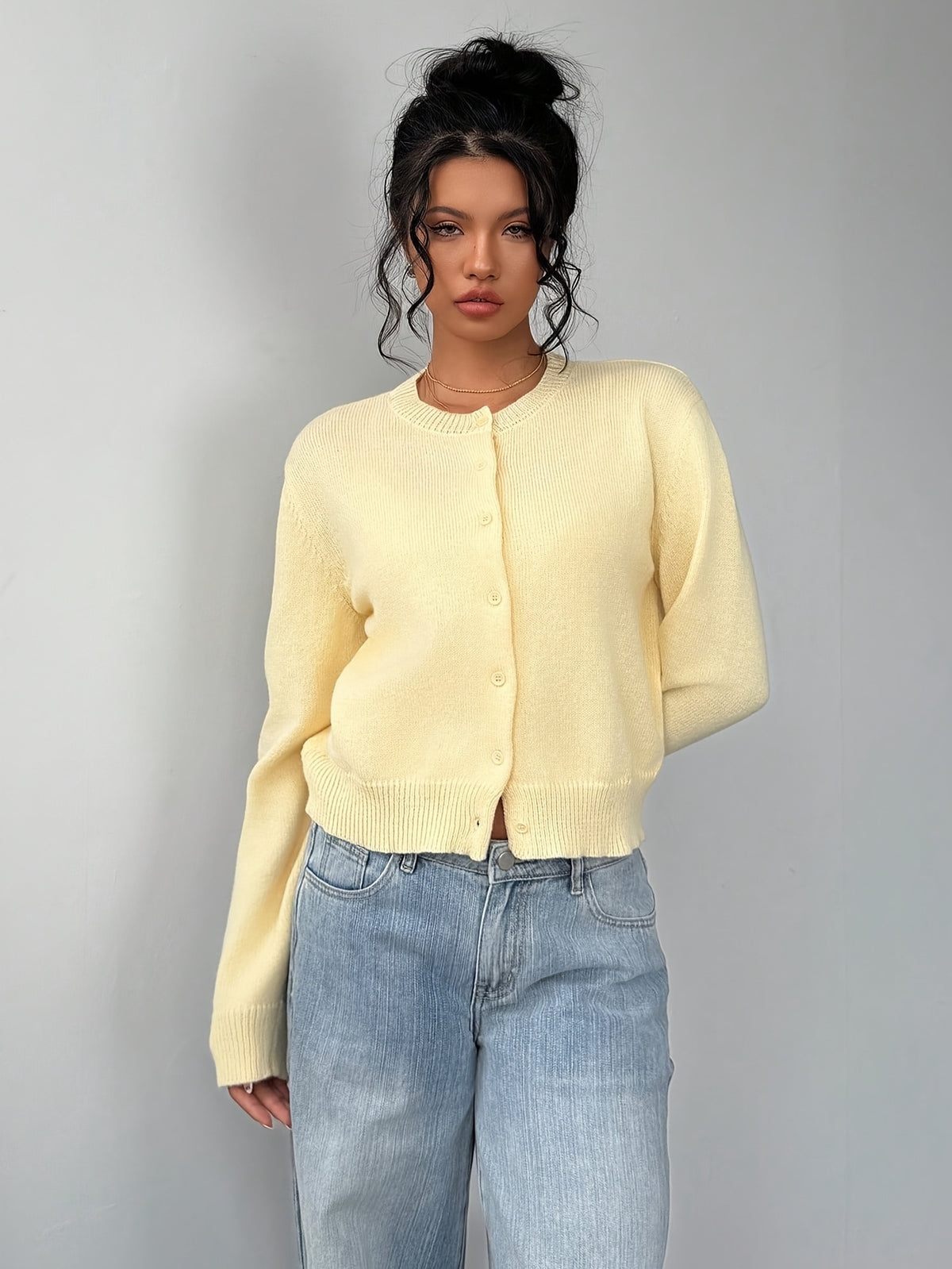 Pale Yellow Crew Neck Cardigan