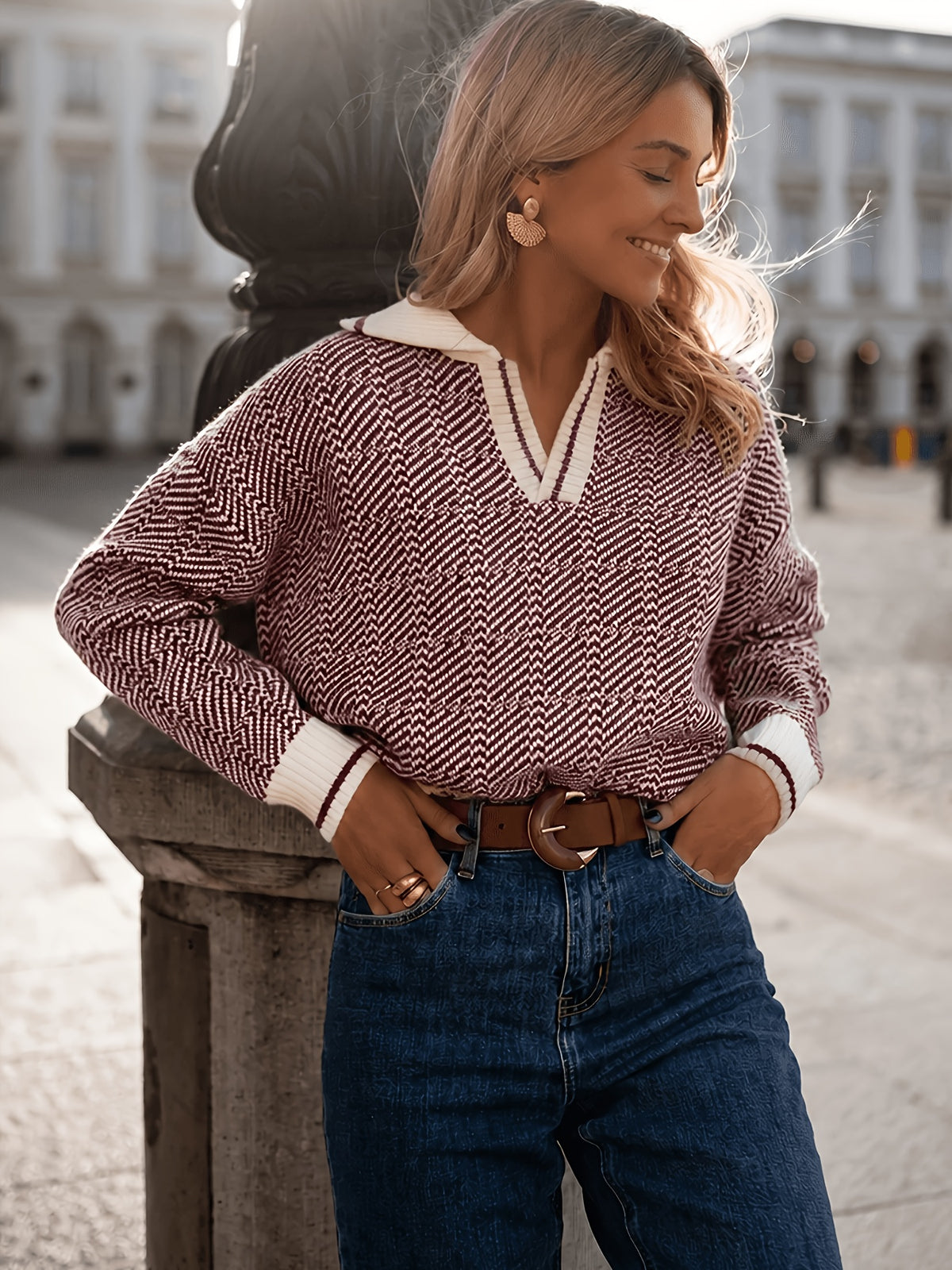 Herringbone Polo Collar Sweater