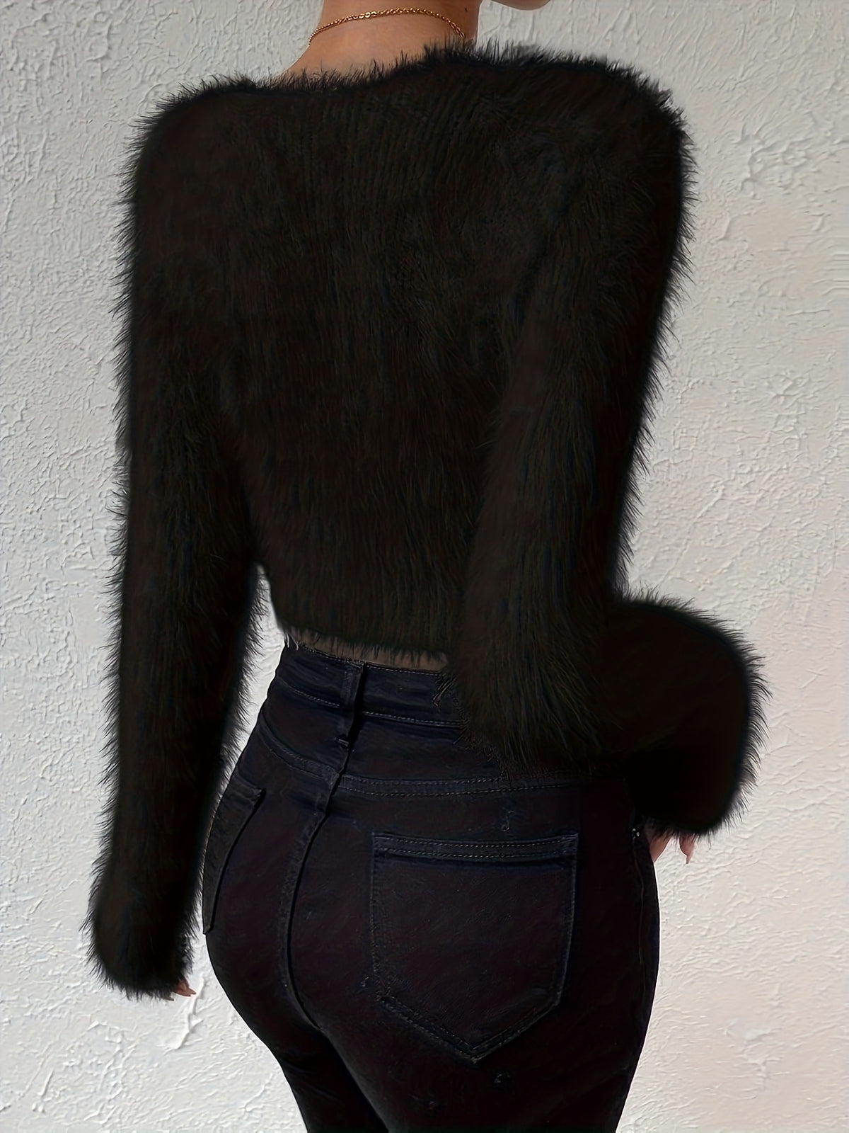 Fuzzy Cropped Round Neck Sweater