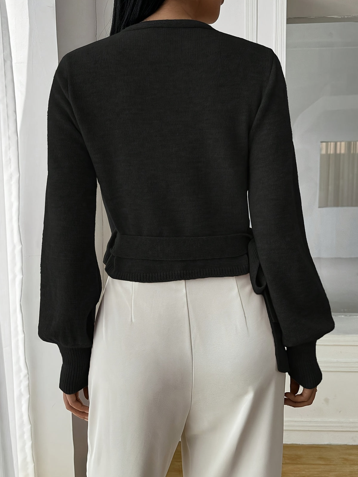 Faux Wrap Balloon Sleeve Sweater