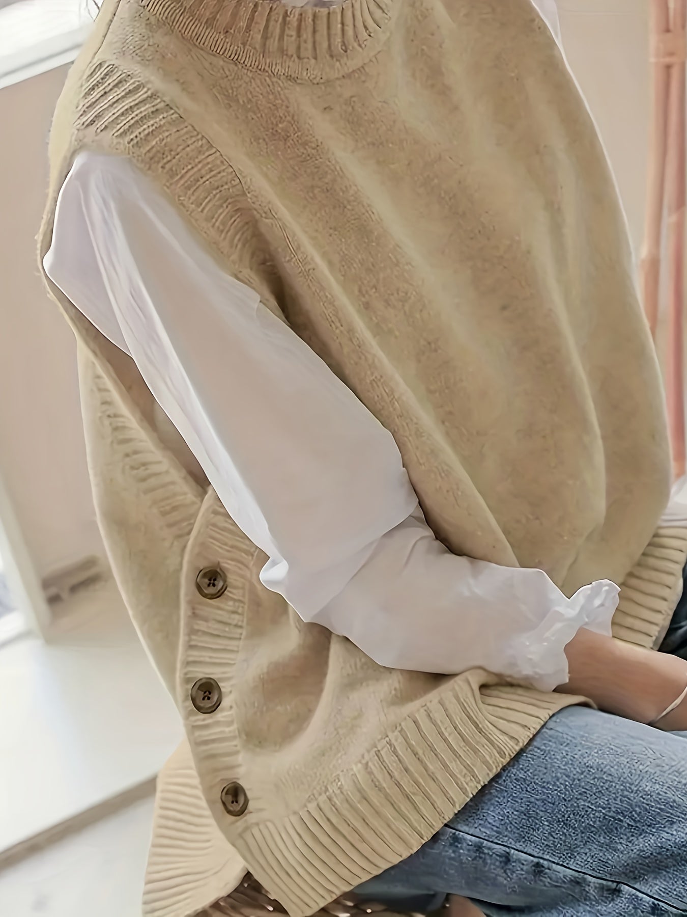 Side Button Crew Neck Knit Vest