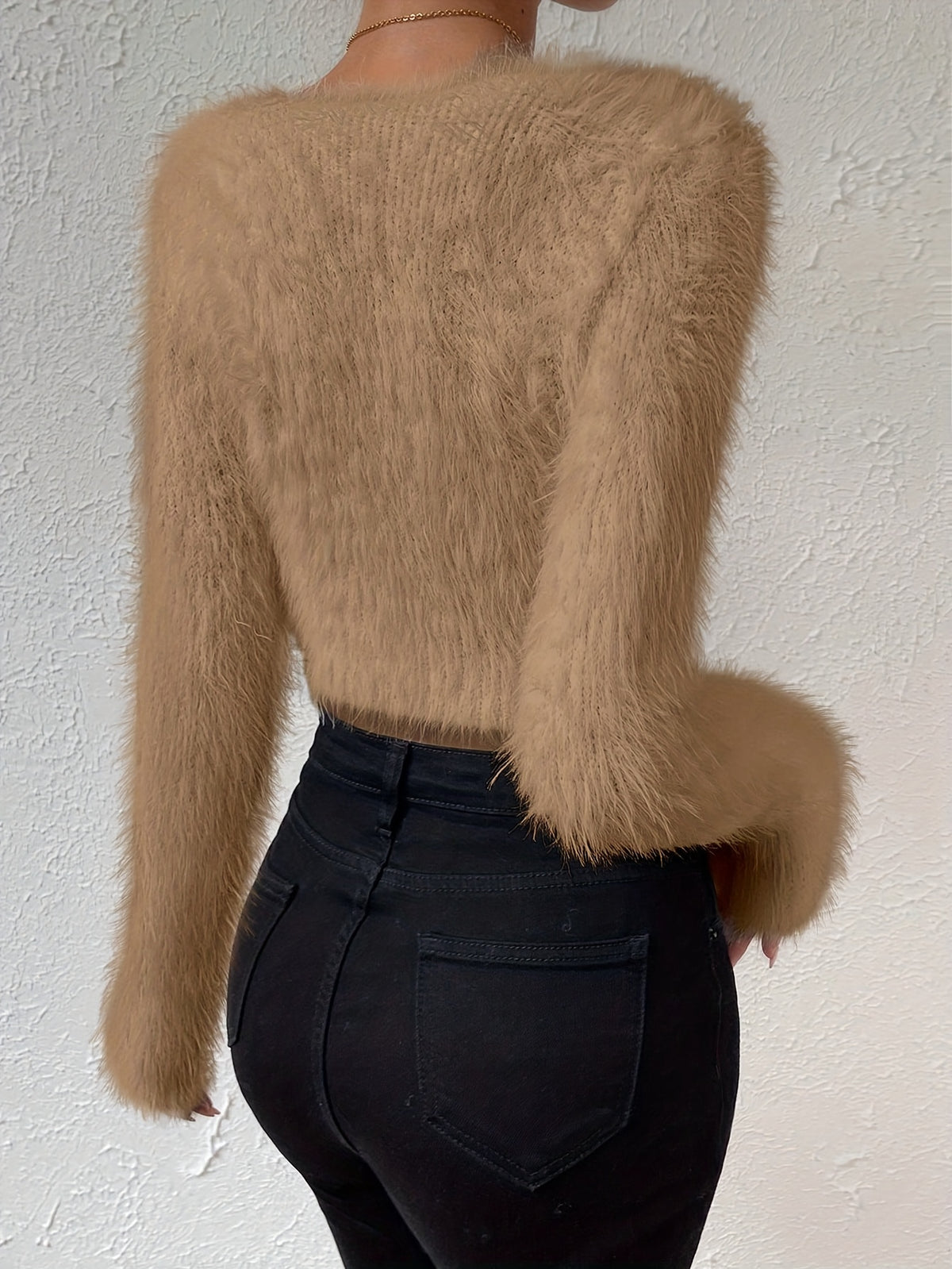 Fuzzy Cropped Round Neck Sweater