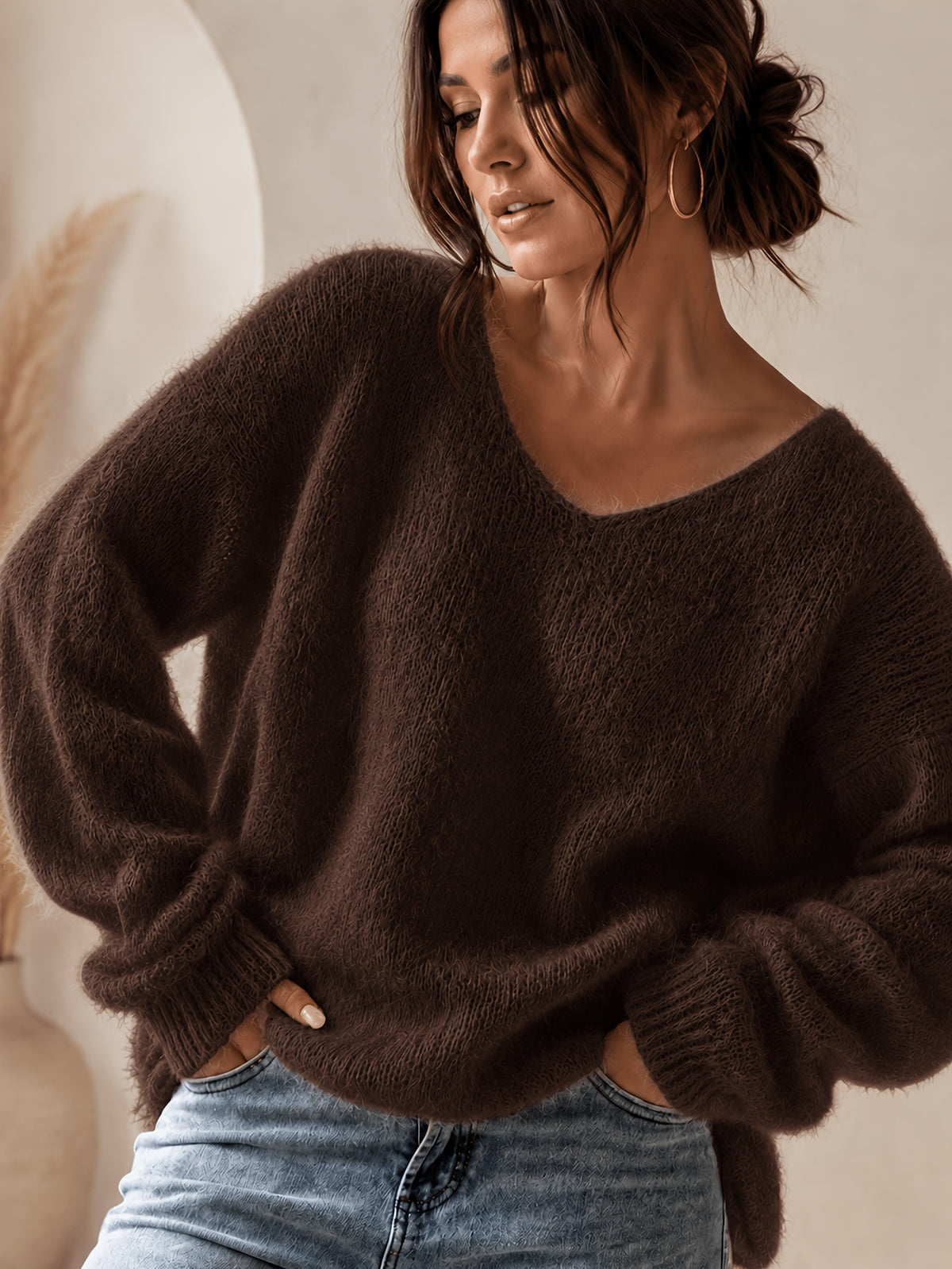 Everyday V-Neck Sweater in Olive Brown