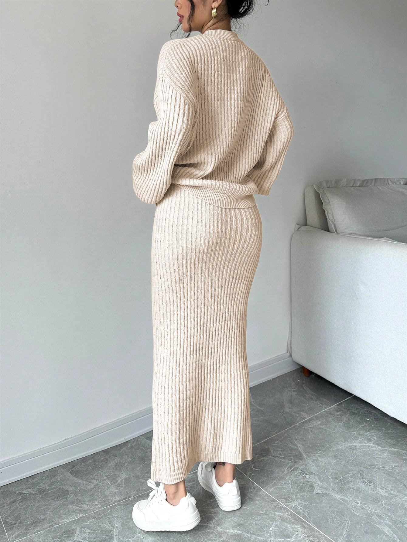 JOYSONS V-neck cardigan and high-waist knit skirt set