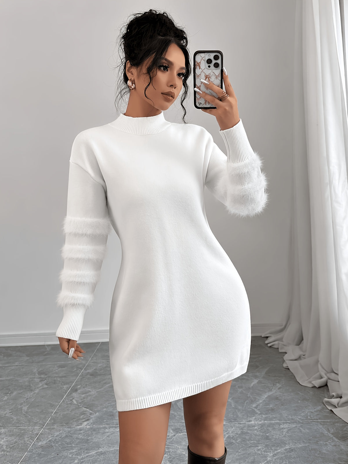 Fuzzy Sleeve Mock Neck Sweater Dress