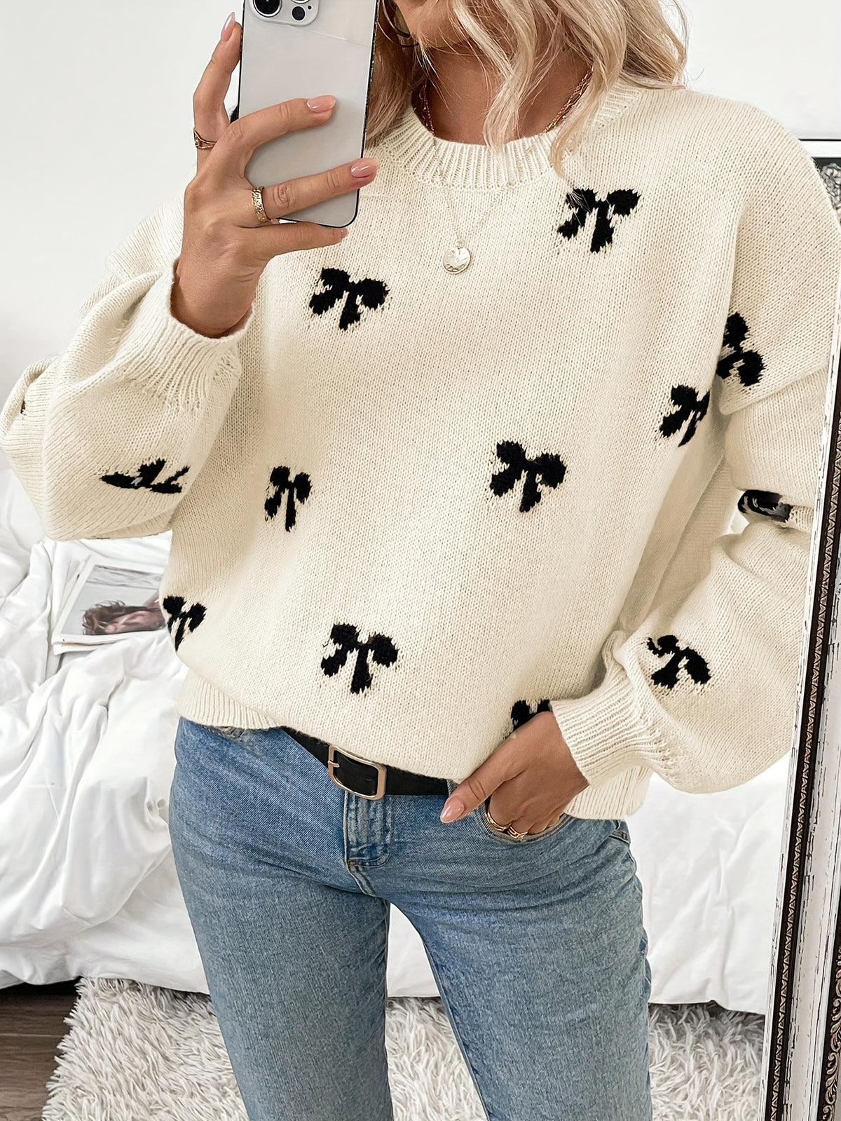 Bow Pattern Crew Neck Sweater