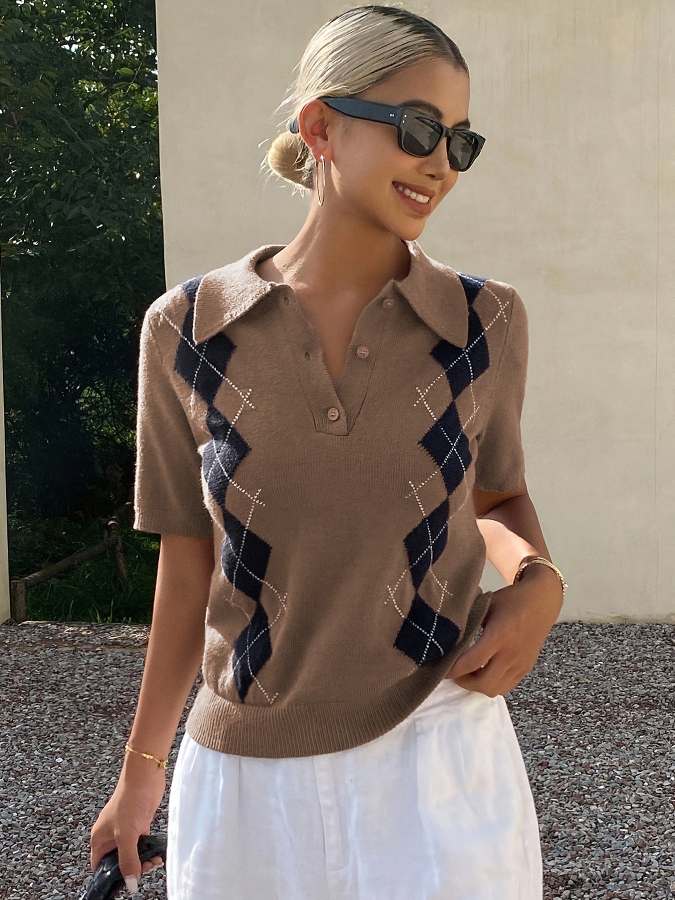 Women’s Argyle Crew Neck Polo Sweater