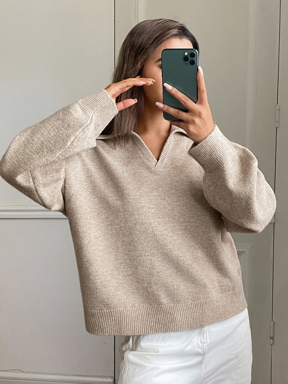 Polo Collar V-Neck Relaxed Sweater