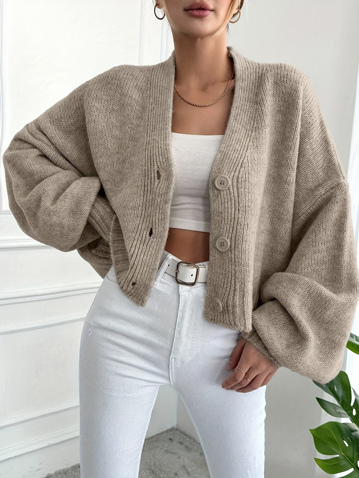 Oversized Balloon Sleeve V-Neck Cardigan