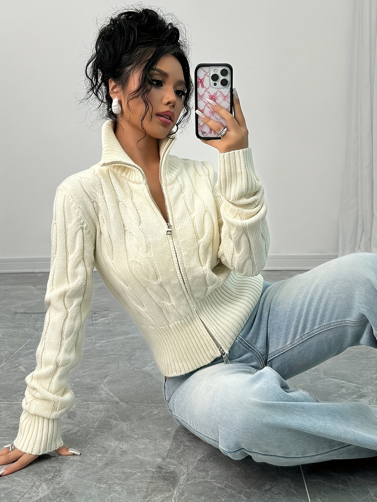 Cable Knit Zip-Up Cardigan
