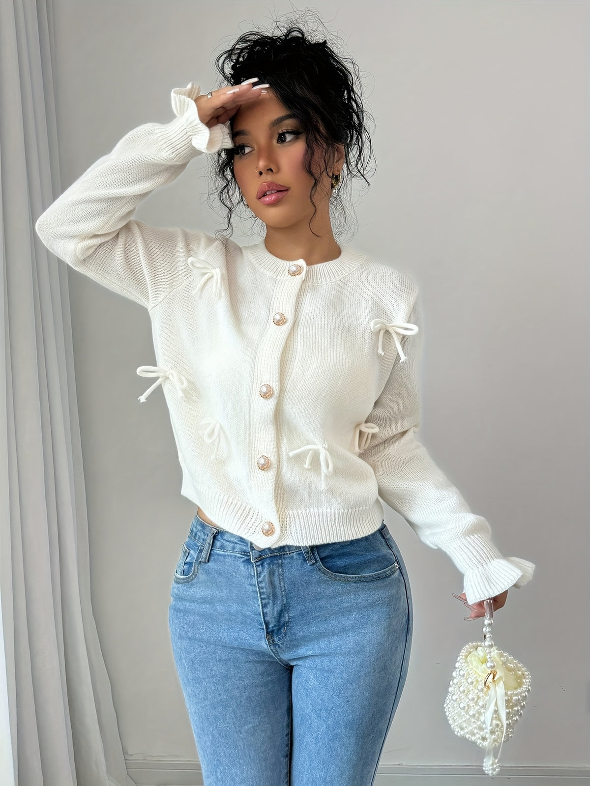 Bow Detail Pearl Button Cardigan