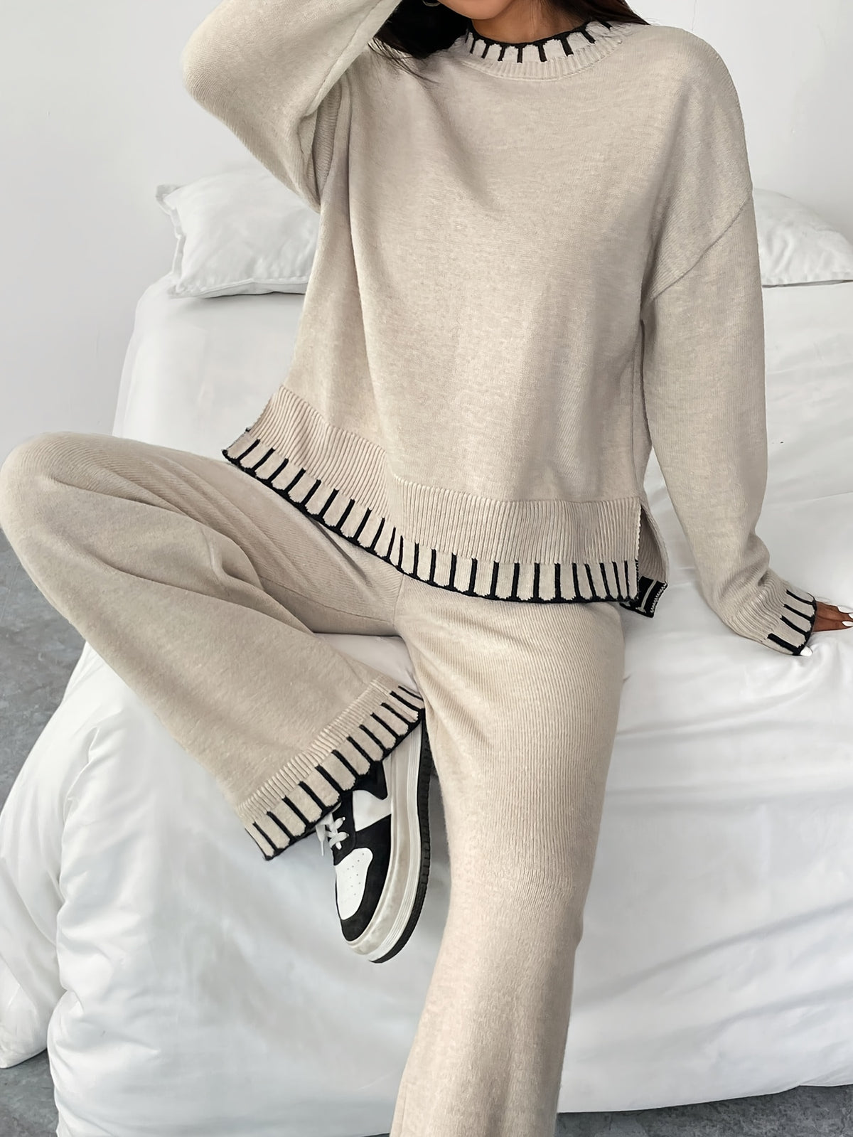 Contrast Trim Sweater & Wide Pants Set