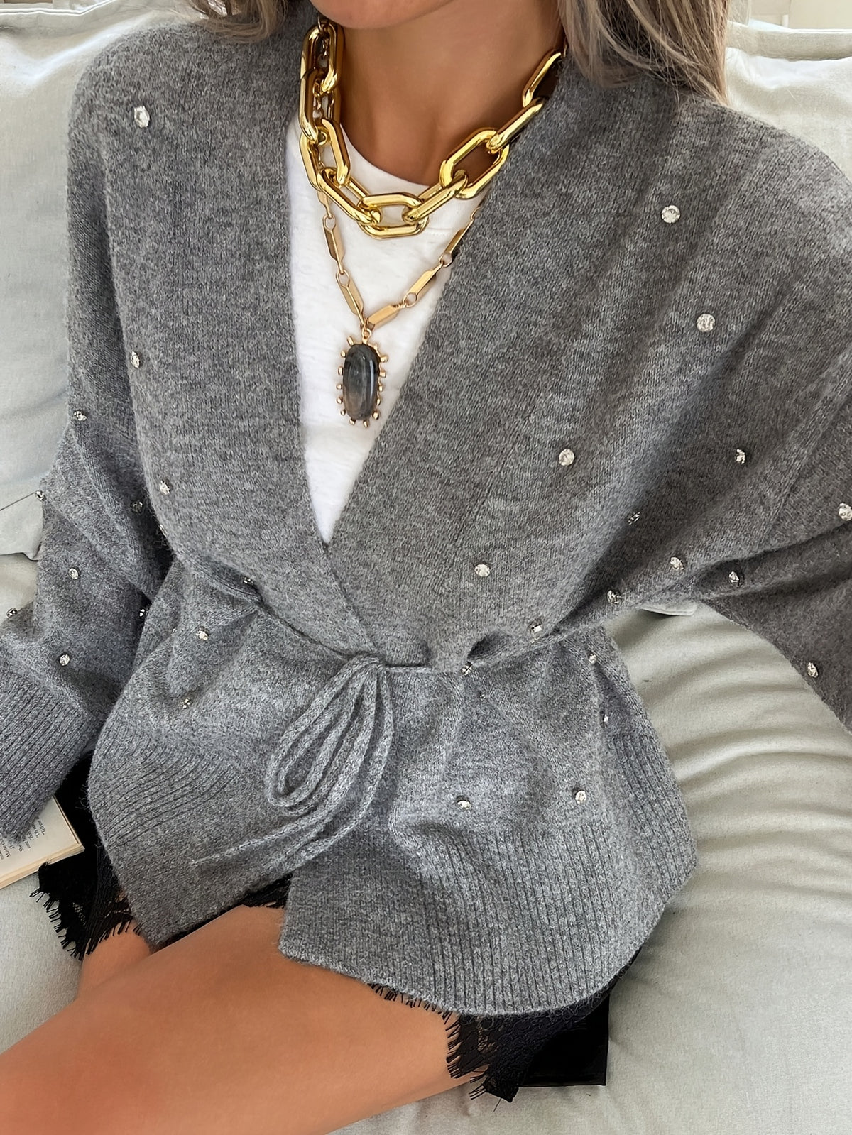 Rhinestone Tie Waist Cardigan