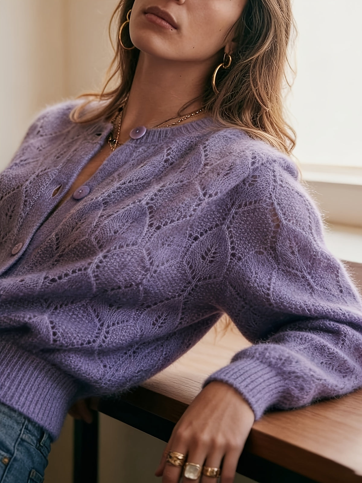 Lilac Pointelle Crew Neck Cardigan