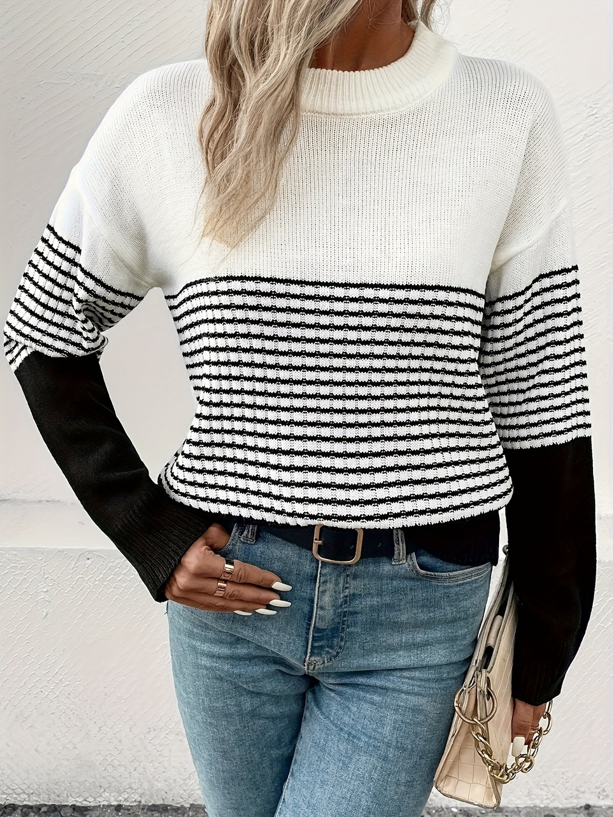 Colorblock Striped Crew Neck Sweater