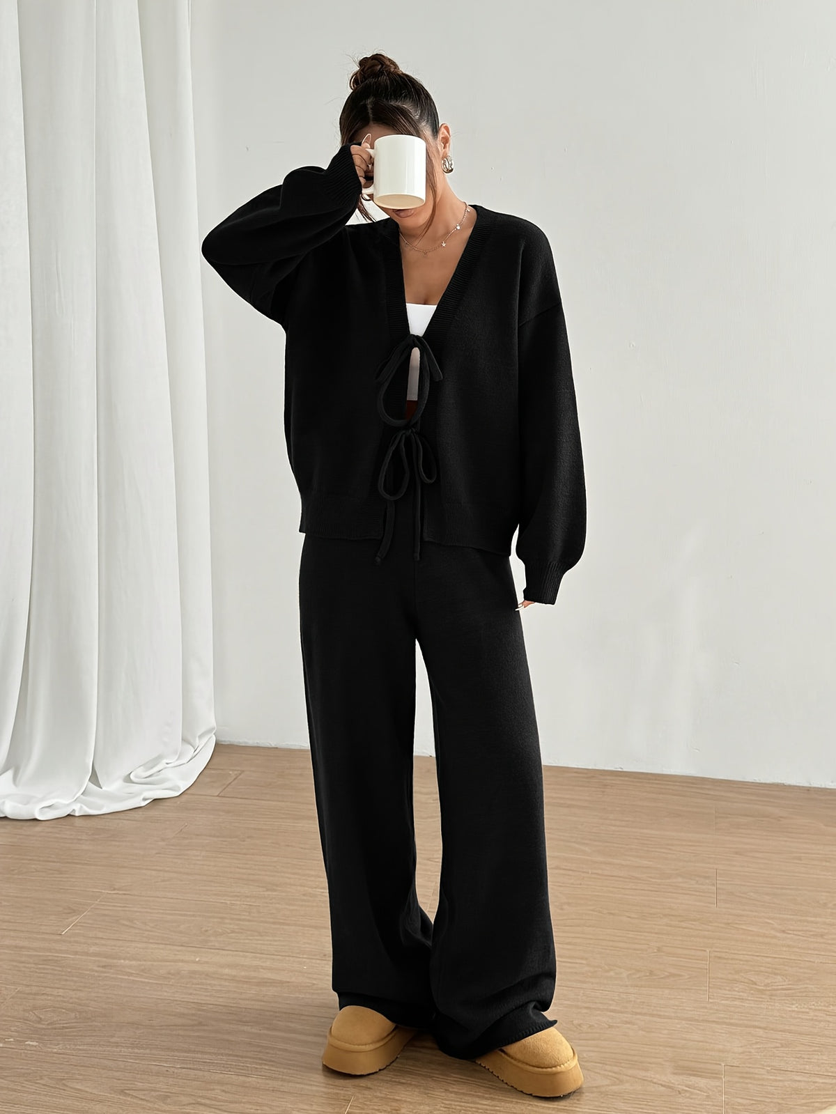 Tie Front Cardigan & Wide Leg Pants Set