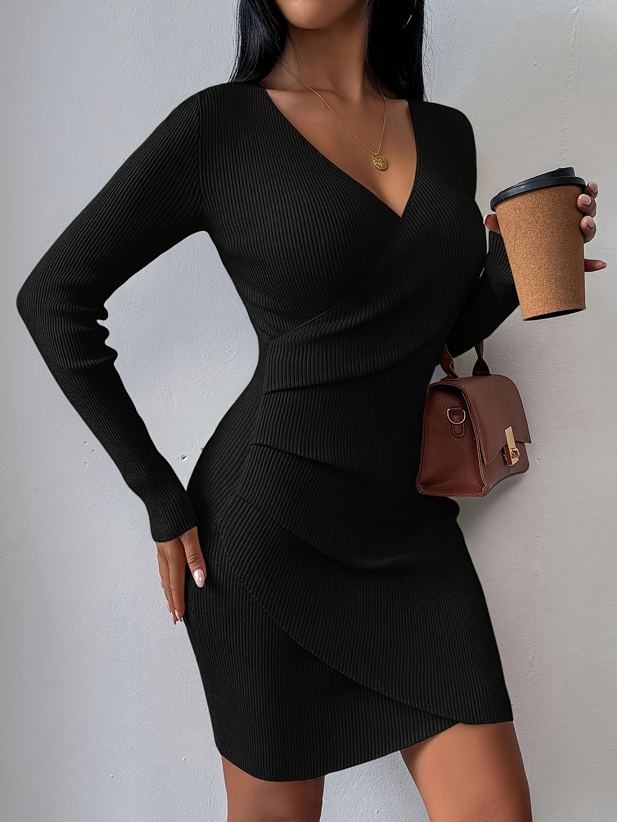 Ruched Wrap Front Knit Mini Dress