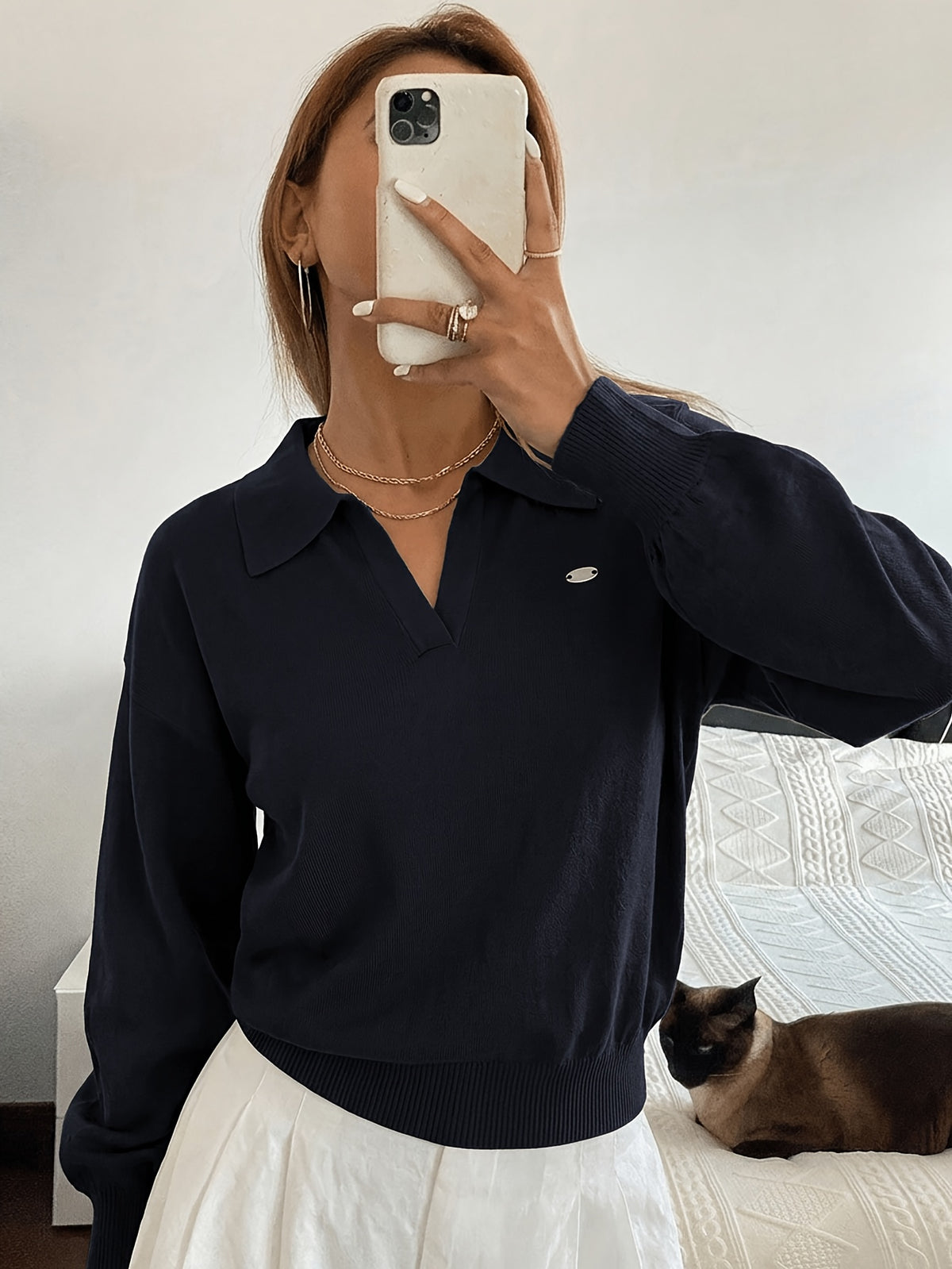 Embellished Polo Collar Sweater