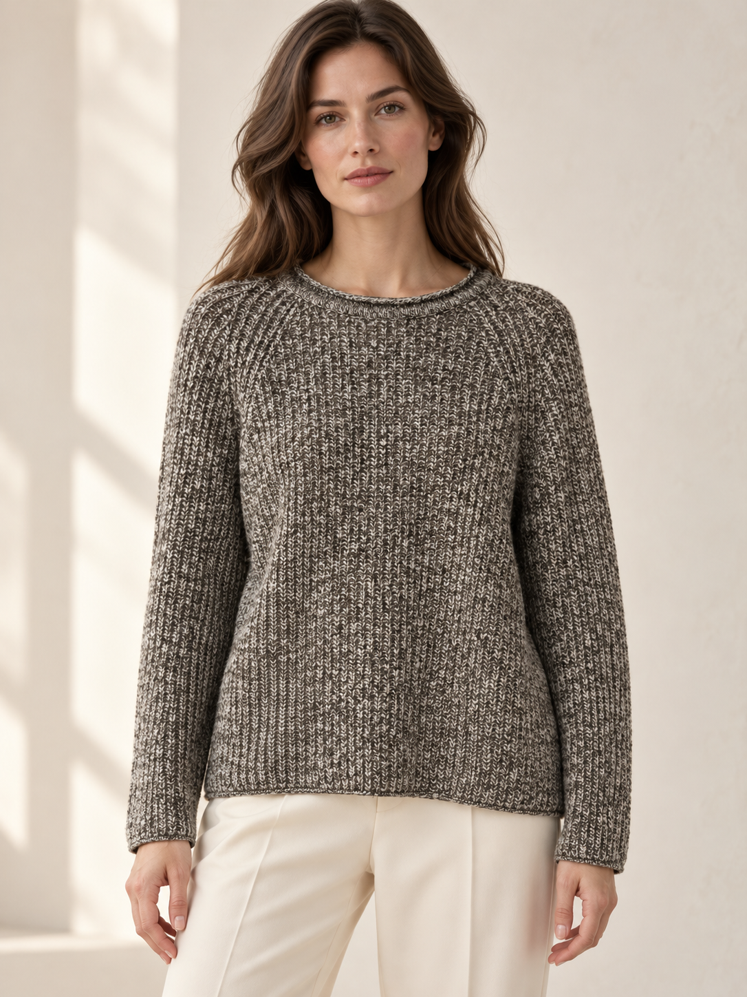 Wool Marled Rib Crewneck in Heather Coffee, worn view