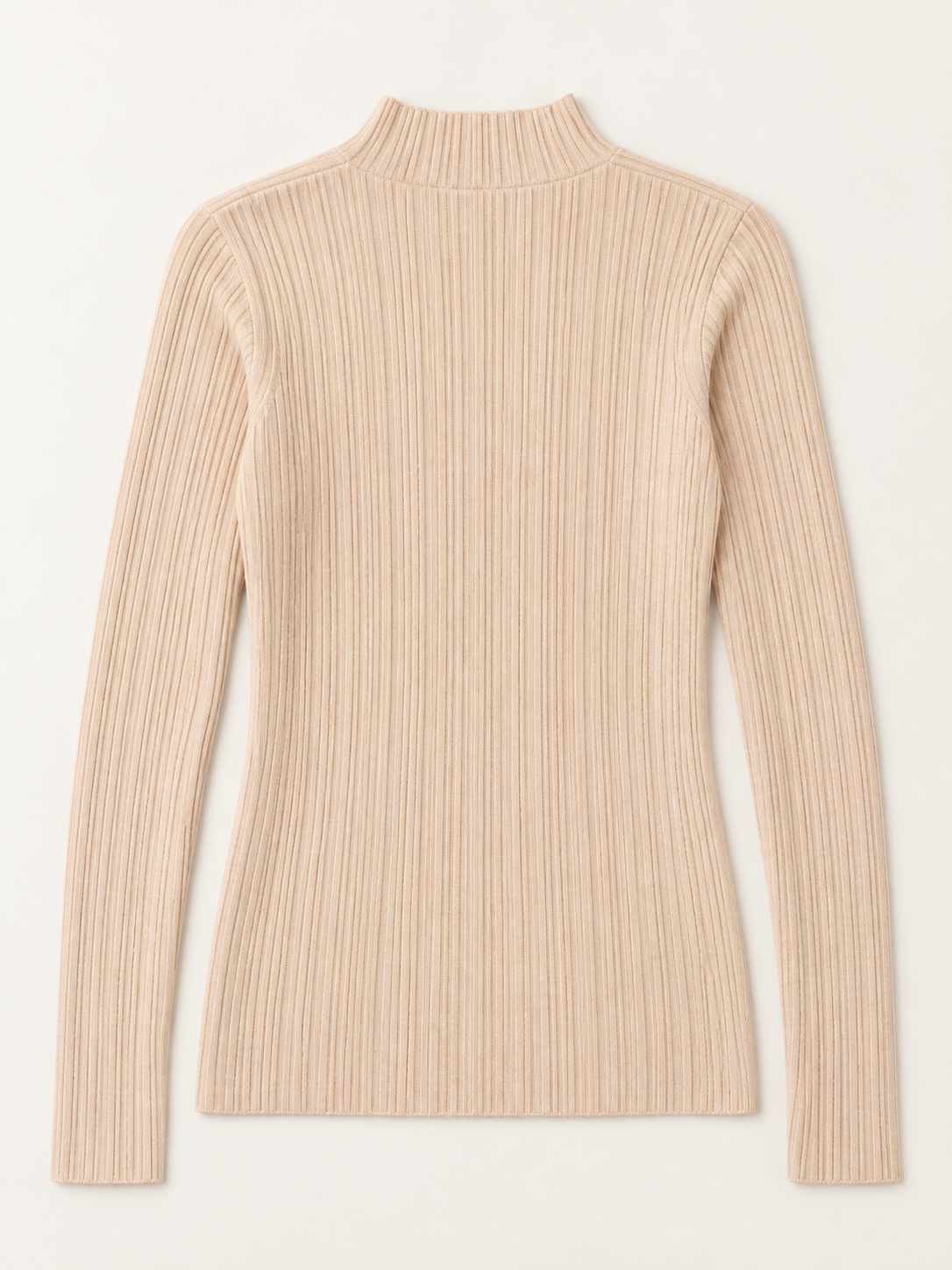 Wool Rib Mock-Neck Sweater in Apricot Beige, flat back view