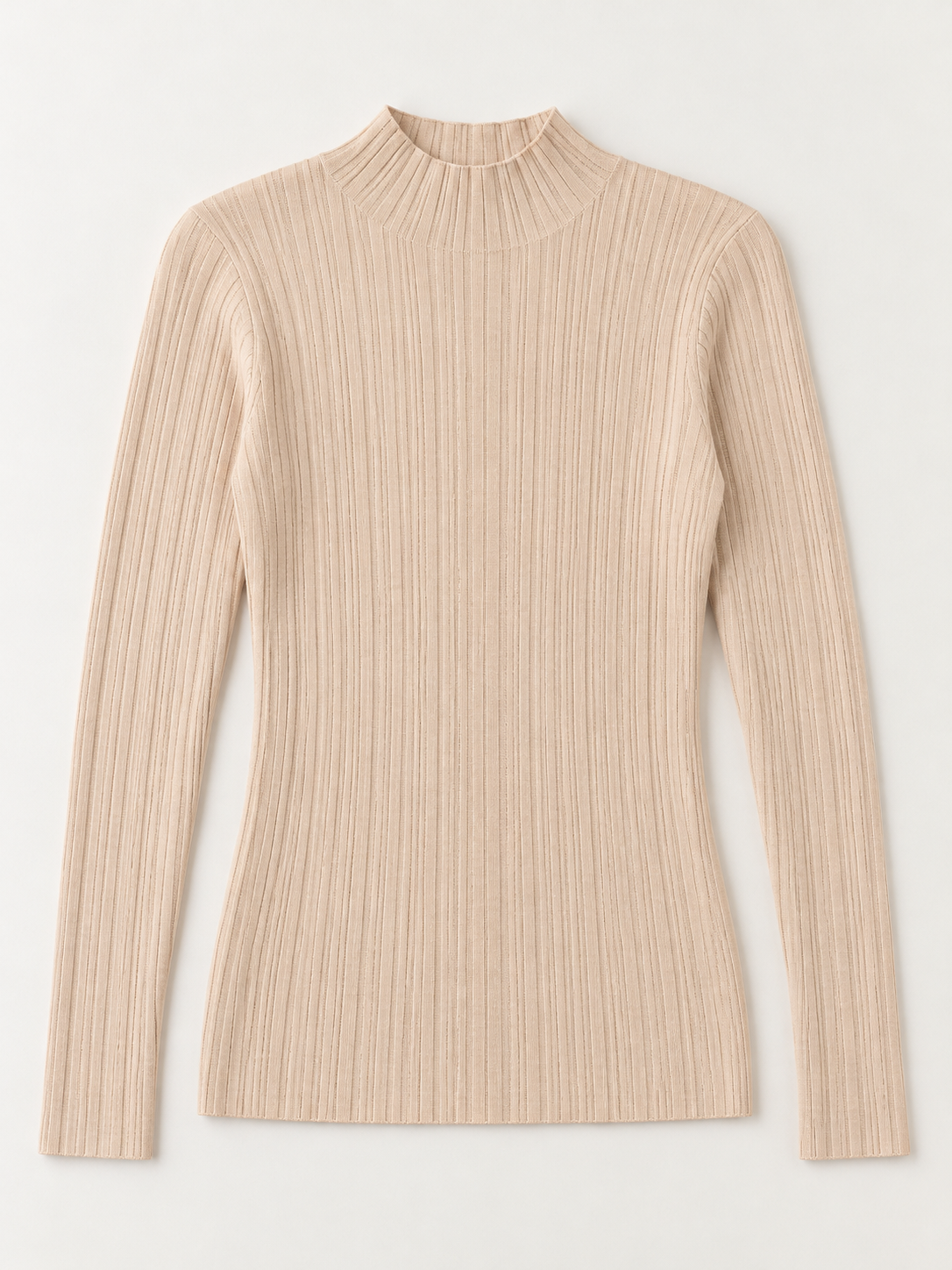 Wool Rib Mock-Neck Sweater in Apricot Beige, flat front view