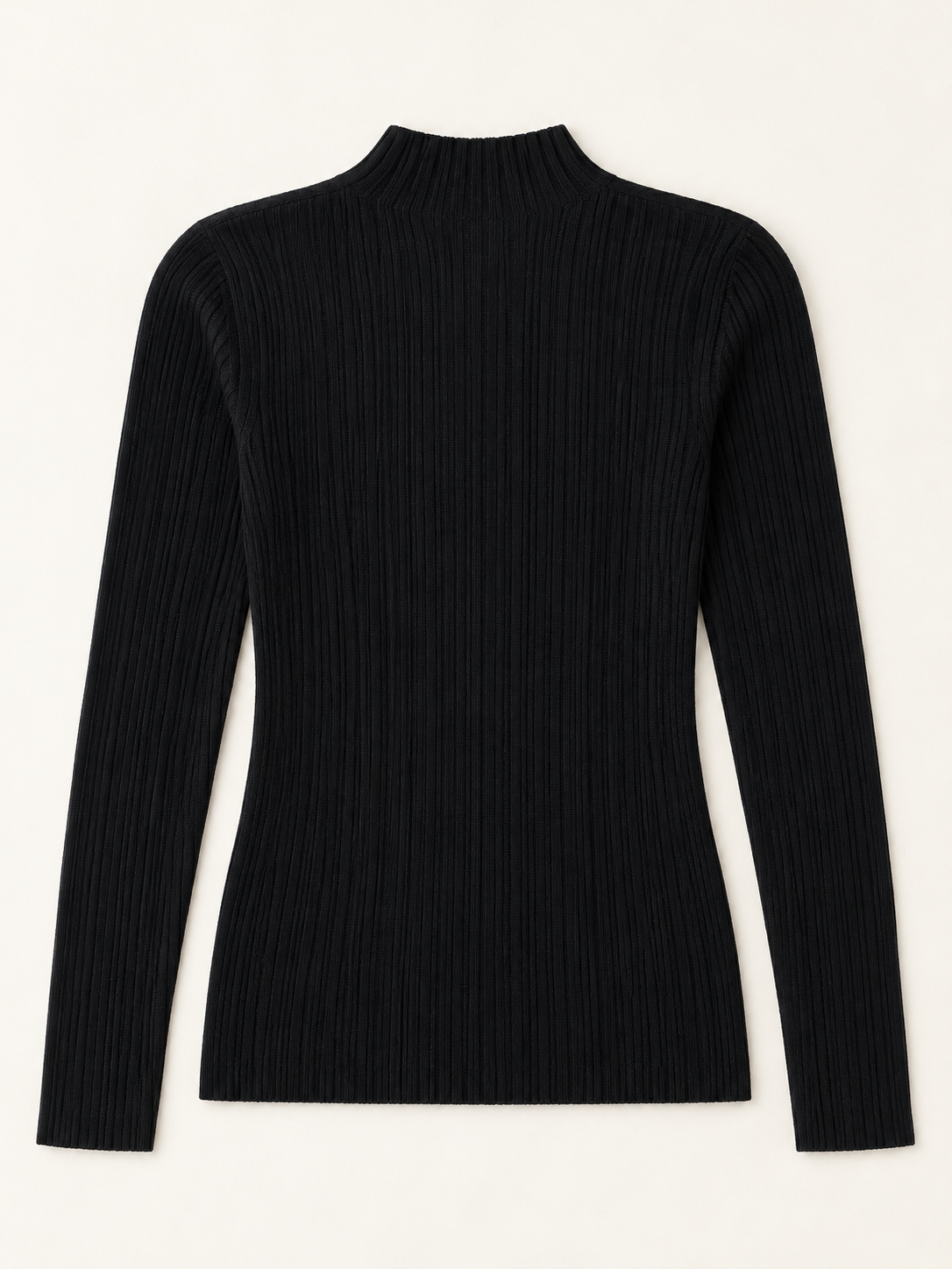 Wool Rib Mock-Neck Sweater in Black, flat back view