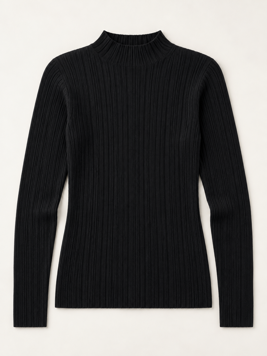 Wool Rib Mock-Neck Sweater in Black, flat front view