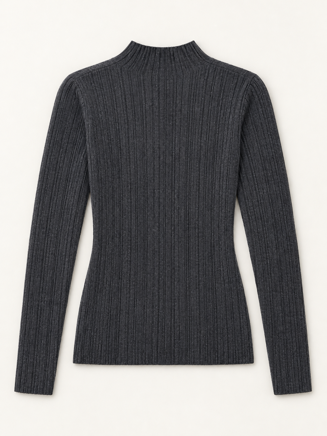 Wool Rib Mock-Neck Sweater in Charcoal, flat back view