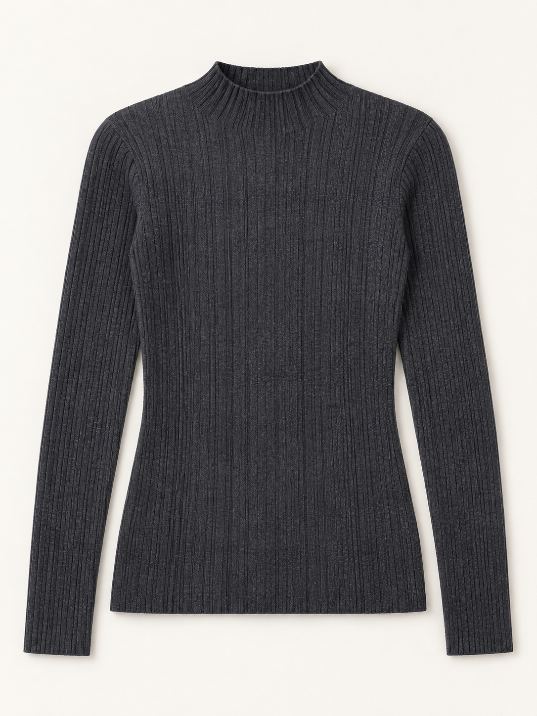 Wool Rib Mock-Neck Sweater in Charcoal, flat front view