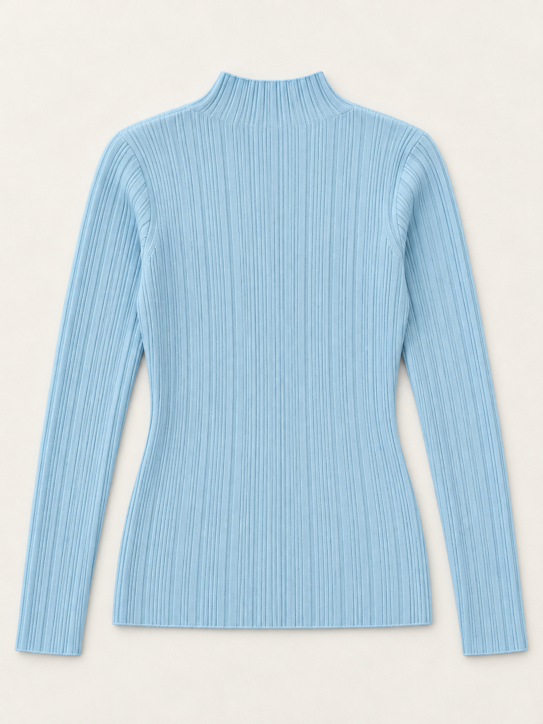 Wool Rib Mock-Neck Sweater in Sky Blue, flat back view