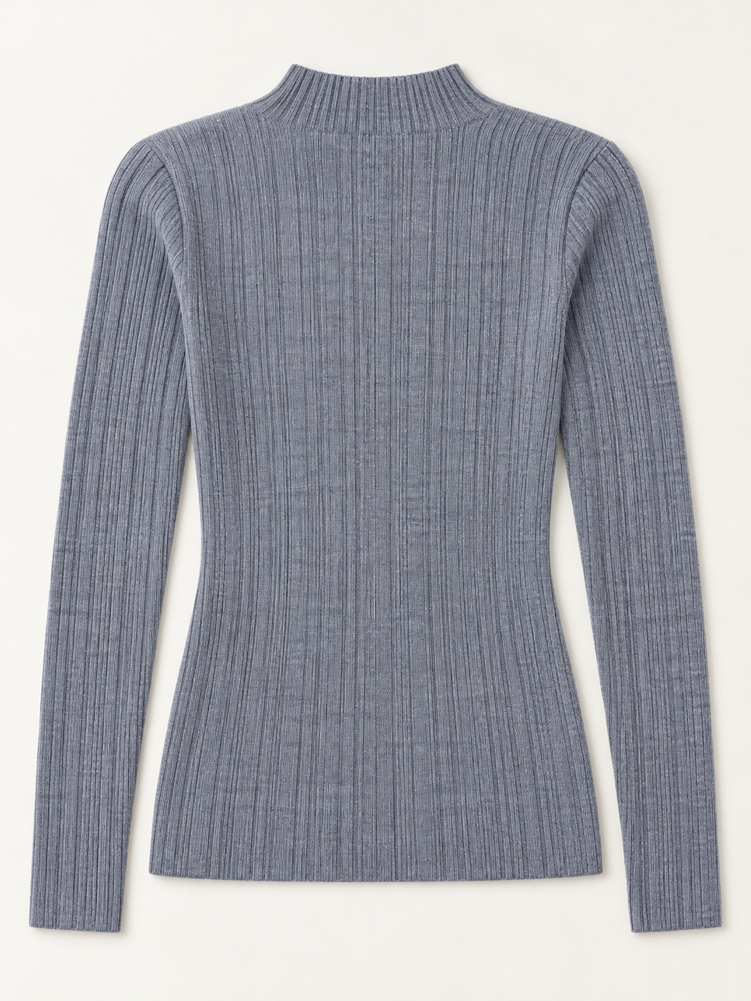 Wool Rib Mock-Neck Sweater in Steel Gray, flat back view