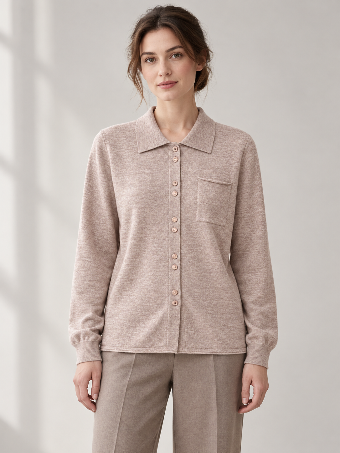Polo-Collar Knit Cardigan in Camel — model front