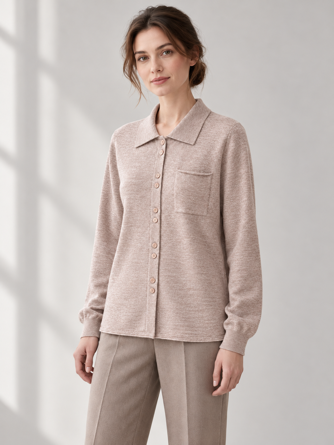 Polo-Collar Knit Cardigan in Camel — model threequarter
